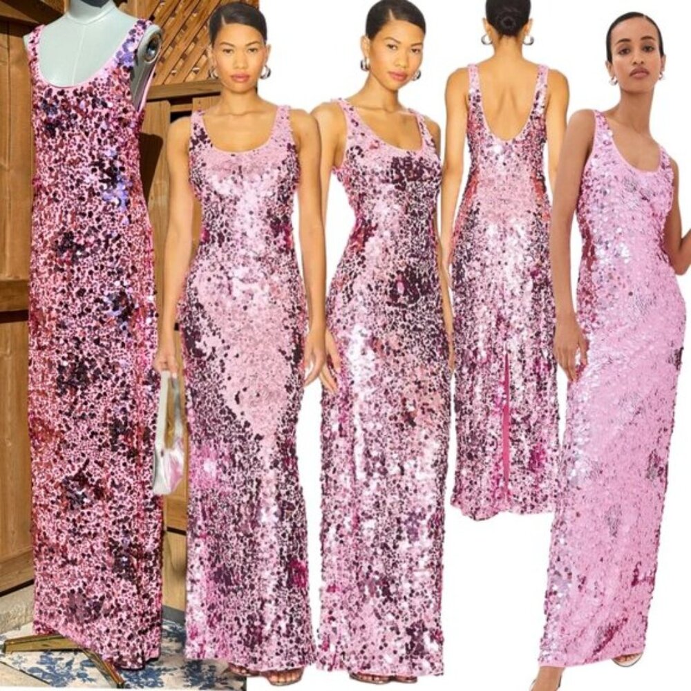 🆕 SIMKHAI 🧿 NWOT Bex Sequined Embellished Maxi Dress, Sorbet Pink - Sz US 8